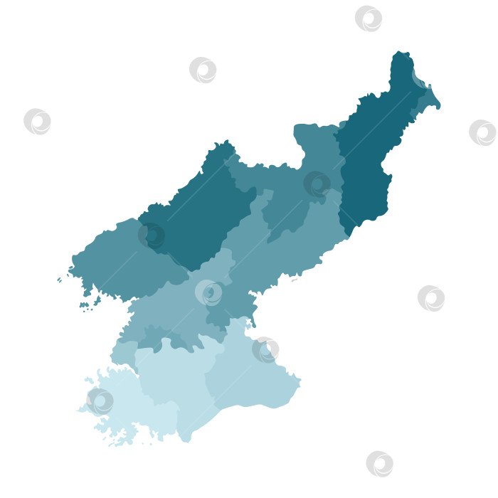 Скачать Векторная изолированная иллюстрация упрощенной административной карты Северной Кореи, Корейской Народной Республики. Границы регионов. Красочные силуэты синего цвета хаки фотосток Ozero