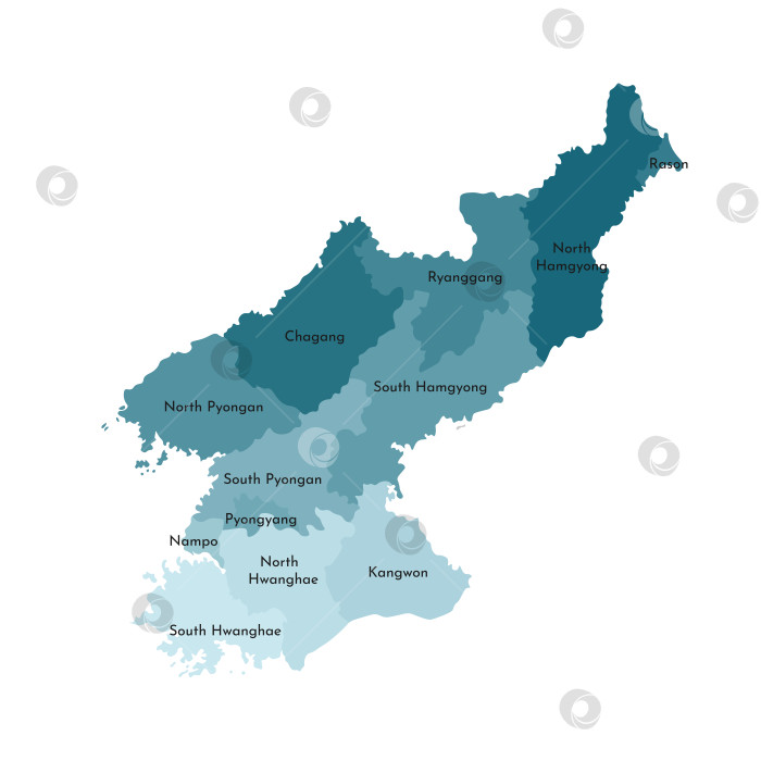 Скачать Векторная изолированная иллюстрация упрощенной административной карты Северной Кореи, Народной Республики Корея. Границы и названия регионов. Красочные силуэты синего цвета хаки фотосток Ozero