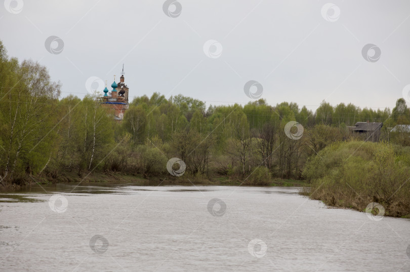 Скачать Река Которосль течёт на фоне зелёных деревьев и старой церкви. фотосток Ozero