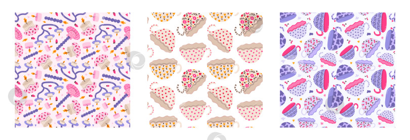 Скачать Набор игривой посуды с бесшовными узорами в виде каракулей розового цвета. Романтический принт с красочной керамикой, керамика ручной работы, кухонная посуда, милая чашка, тарелка, подсвечник. Креативный принт на обоях фотосток Ozero