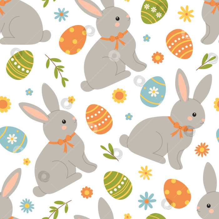 Скачать Бесшовный узор с пасхальными яйцами, кроликом и цветами. Милый праздничный фон. Векторная плоская иллюстрация на белом фотосток Ozero