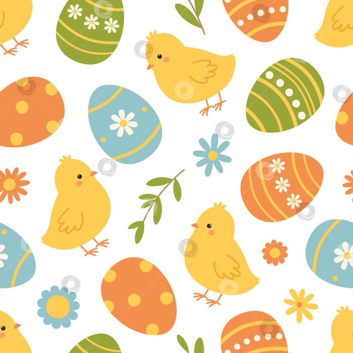 Скачать Бесшовный узор с пасхальными яйцами, цыплятами и цветами. Красочный праздничный фон. Векторная плоская иллюстрация на белом фотосток Ozero