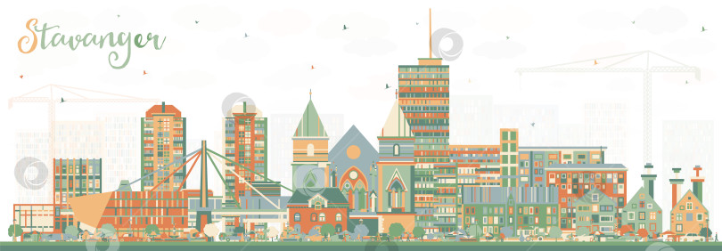Скачать Горизонт норвежского города Ставангер с цветными зданиями. Векторная иллюстрация. Городской пейзаж Ставангера с достопримечательностями. Концепция деловых поездок и туризма с исторической архитектурой. фотосток Ozero