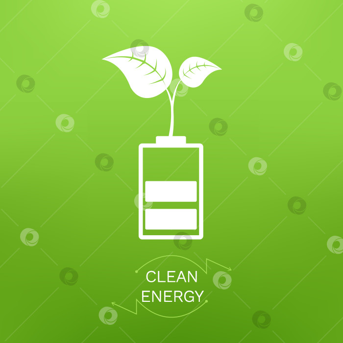 Скачать Векторная иллюстрация с растущим растением на батарее и текстом "Чистая энергия" на зеленом фоне. фотосток Ozero