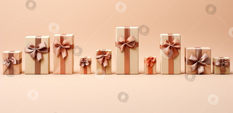 Скачать Набор подарочных коробок с лентами, оформленных для праздников или распродаж со скидками. Сгенерированный ИИ. фотосток Ozero