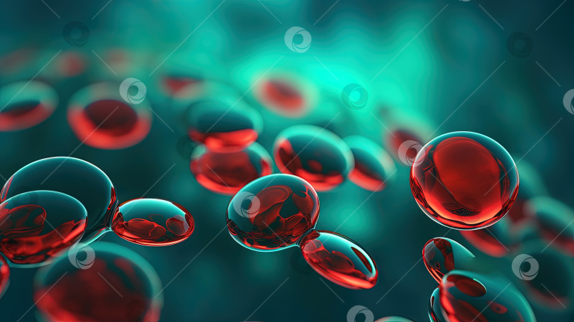 Скачать Красные кровяные тельца, текущие на зеленом фоне в научной абстракции. Концепция здоровья и медицины. Сгенерированный искусственный интеллект. фотосток Ozero