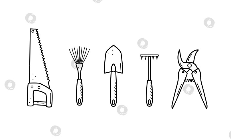 Скачать Набор инструментов для сада. Векторная иллюстрация лопаты, мотыги, грабель, ручной пилы и секатора. фотосток Ozero