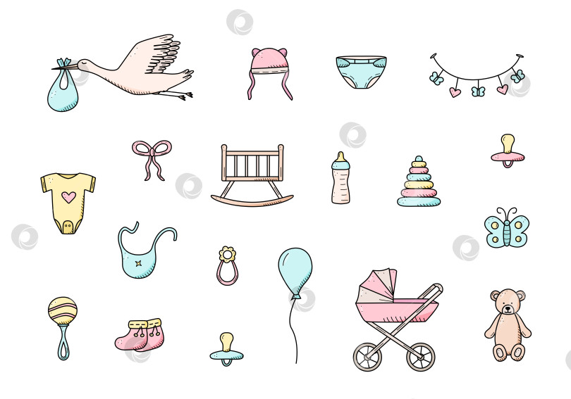 Скачать Набор иконок для новорожденных. Векторная иллюстрация элементов для маленького ребенка. детская коляска, детская работа, погремушки, плюшевый мишка и многое другое. фотосток Ozero