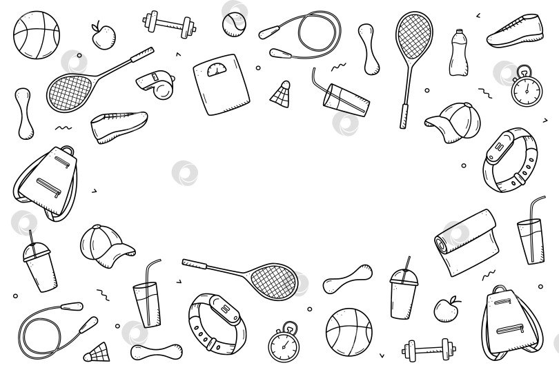 Скачать Концепция набора спортивных значков doodle. Элементы дизайна спортивной формы, здорового образа жизни. Векторная иллюстрация фотосток Ozero