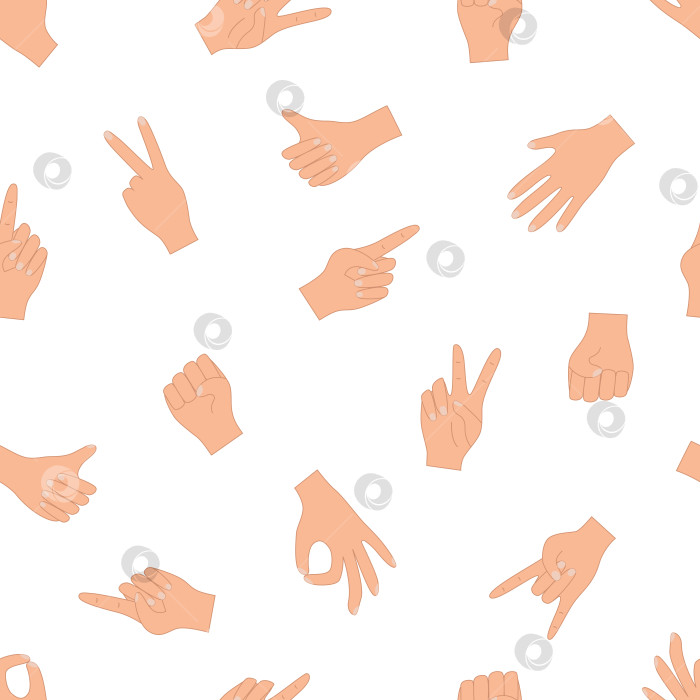 Скачать Бесшовный узор жестов рук, набор векторных иллюстраций из значков различных знаков руки. фотосток Ozero