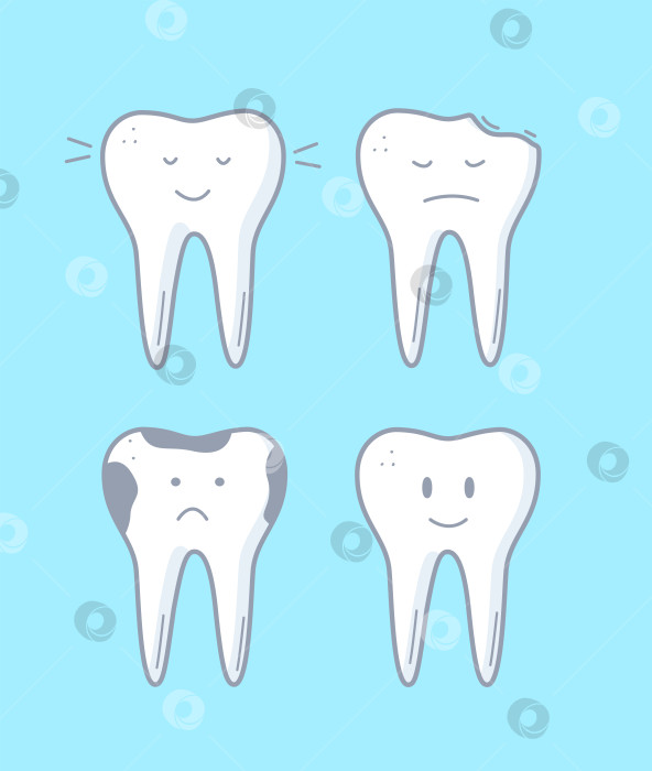 Скачать Значки зубов с каракулями эмоций. Концепция здоровых зубов и больных зубов. Векторная иллюстрация стоматологической помощи. фотосток Ozero