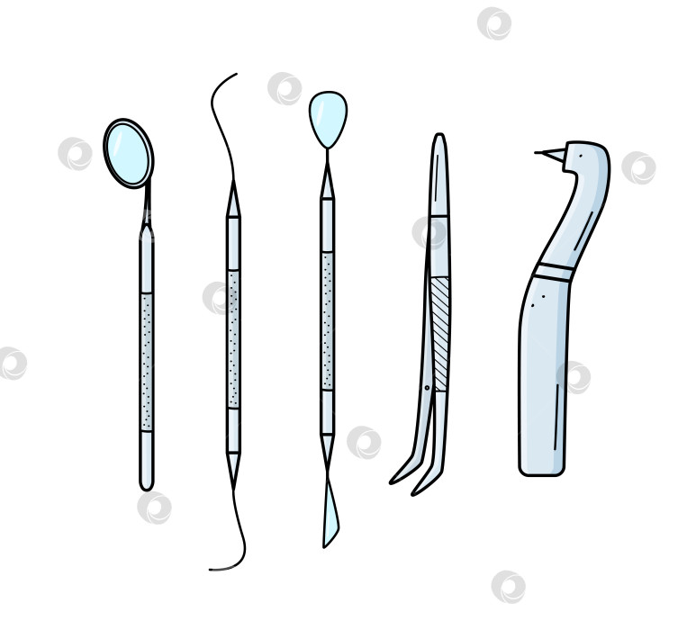 Скачать Значки инструментов стоматолога в виде каракулей. Векторная иллюстрация элементов стоматологии для лечения и ухода за зубами. фотосток Ozero