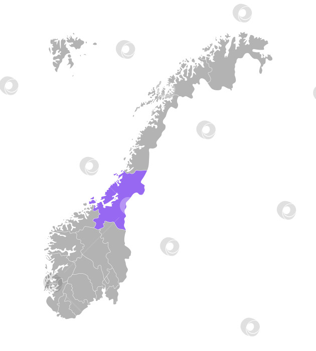 Скачать Векторная изолированная упрощенная иллюстрация с серым силуэтом Норвегии, фиолетовым контуром региона Тренделаг и белыми контурами норвежских границ. Белый фон фотосток Ozero