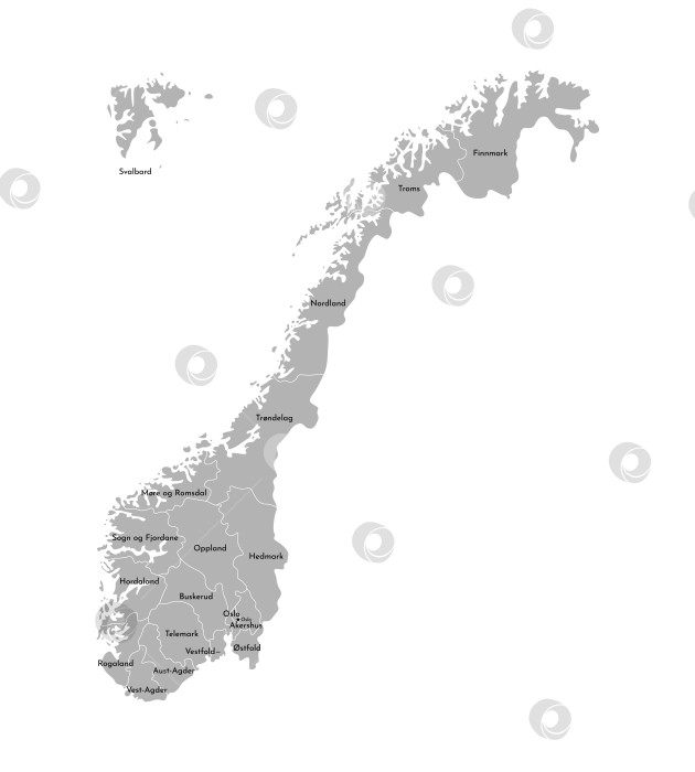 Скачать Векторная изолированная упрощенная иллюстрация с силуэтом Норвегии, серыми контурами регионов. Названия округов. Белый контур и фон фотосток Ozero