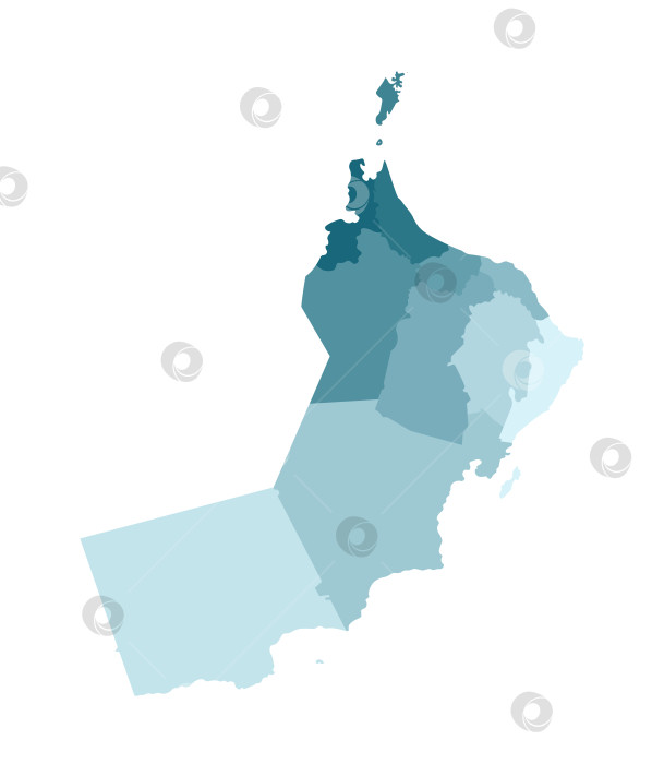 Скачать Векторная изолированная иллюстрация упрощенной административной карты Омана. Границы регионов, мухафаз. Красочные силуэты синего цвета хаки. фотосток Ozero