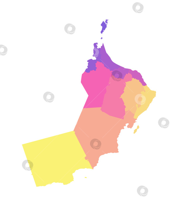 Скачать Векторная изолированная иллюстрация упрощенной административной карты Омана. Границы регионов, мухафаз. Разноцветные силуэты. фотосток Ozero