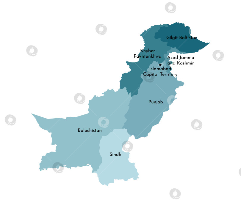 Скачать Векторная изолированная иллюстрация упрощенной административной карты Пакистана. Границы и названия регионов. Красочные силуэты синего цвета хаки. фотосток Ozero