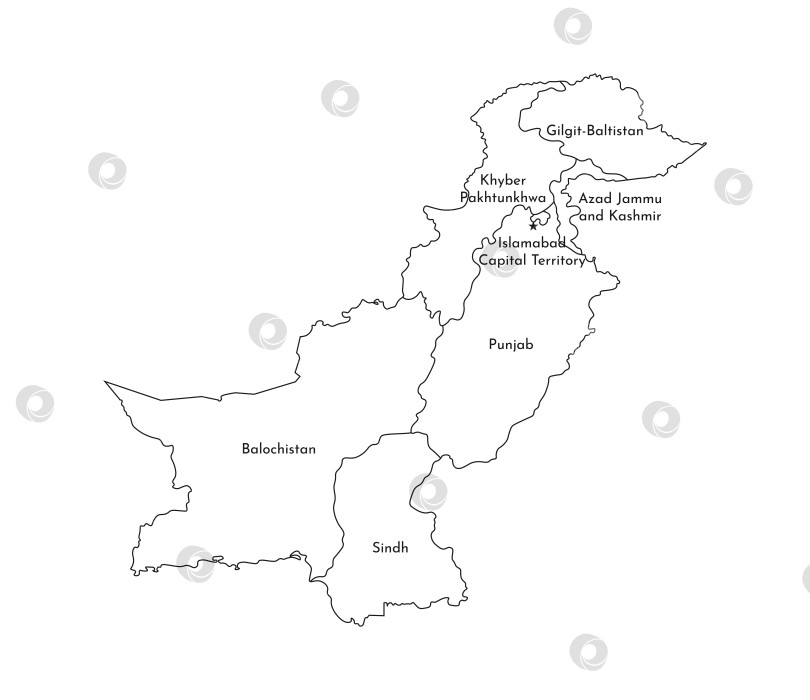 Скачать Векторная изолированная иллюстрация упрощенной административной карты Пакистана. Границы и названия регионов. Силуэты черных линий. фотосток Ozero