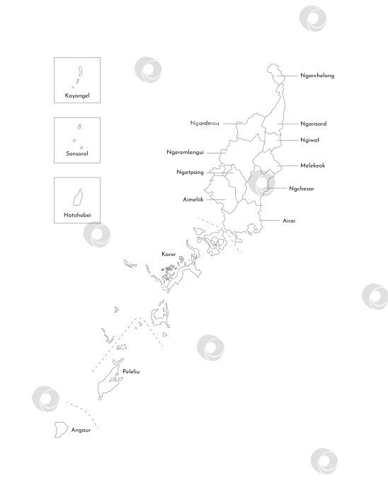 Скачать Векторная изолированная иллюстрация упрощенной административной карты Палау. Границы и названия штатов, регионов. Силуэты черными линиями фотосток Ozero