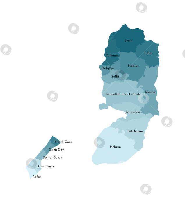 Скачать Векторная изолированная иллюстрация упрощенной административной карты Палестины. Границы и названия провинций, регионов. Красочные силуэты синего цвета хаки фотосток Ozero