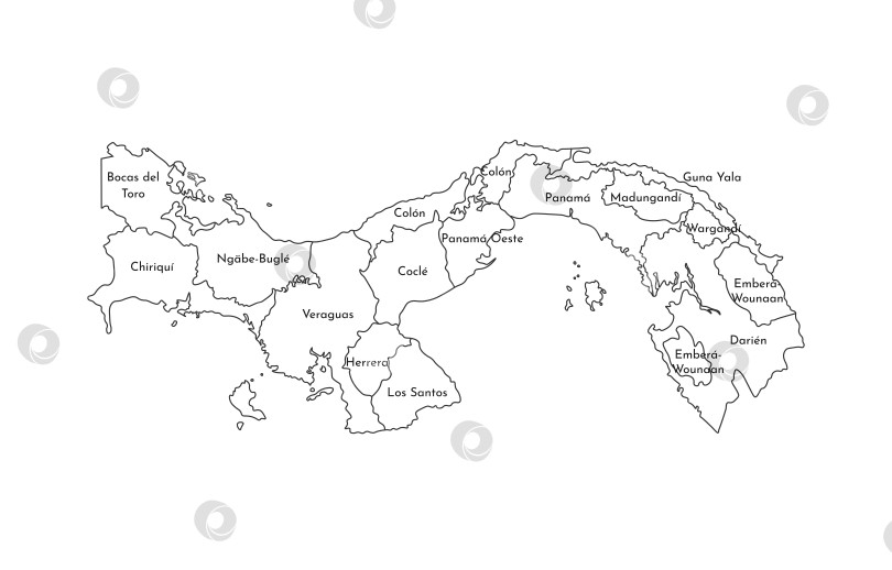 Скачать Векторная изолированная иллюстрация упрощенной административной карты Панамы. Границы и названия провинций, регионов. Силуэты черными линиями. фотосток Ozero