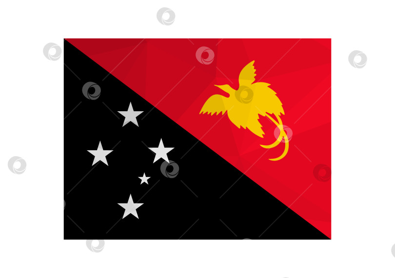Скачать Векторная иллюстрация. Официальный флаг Папуа - Новой Гвинеи. Национальный флаг в красном, черном цветах, желтая птица, белые звезды. Креативный дизайн в стиле low poly с треугольными формами фотосток Ozero
