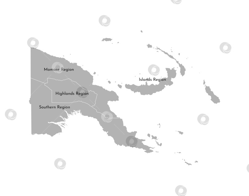 Скачать Векторная изолированная иллюстрация упрощенной административной карты Папуа - Новой Гвинеи. Границы и названия регионов. Серые силуэты. Белый контур фотосток Ozero