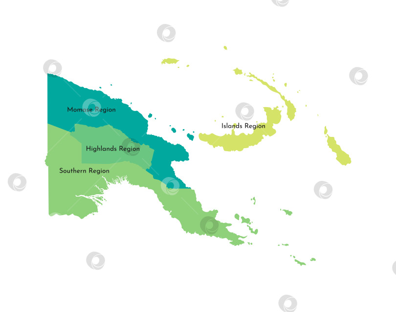 Скачать Векторная изолированная иллюстрация упрощенной административной карты Папуа - Новой Гвинеи. Границы и названия регионов Хайлендс, острова, Момасе, Южный. Зеленые и желтые силуэты. фотосток Ozero
