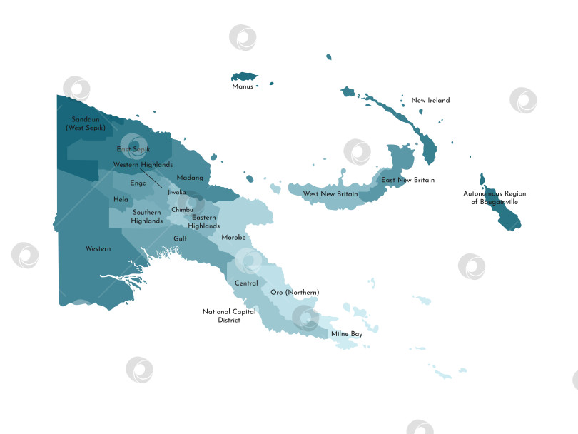 Скачать Векторная изолированная иллюстрация упрощенной административной карты Папуа - Новой Гвинеи. Границы и названия провинции. Красочные силуэты синего цвета хаки фотосток Ozero