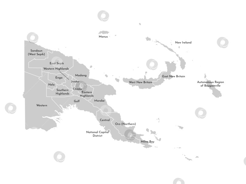 Скачать Векторная изолированная иллюстрация упрощенной административной карты Папуа - Новой Гвинеи. Границы и названия провинций. Серые силуэты. Белый контур фотосток Ozero