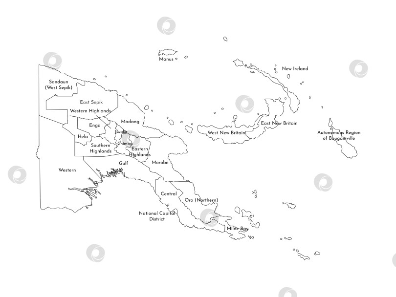 Скачать Векторная изолированная иллюстрация упрощенной административной карты Папуа - Новой Гвинеи. Границы и названия провинции. Силуэты черной линией. фотосток Ozero