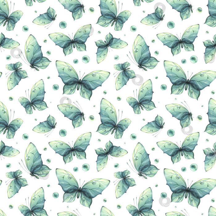 Скачать Нежные бирюзовые и голубые бабочки с пузырьками - воздушные, легкие, красивые. Рисованная акварельная иллюстрация. Бесшовный узор на белом фоне для ткани, текстиля, обоев, упаковки. фотосток Ozero