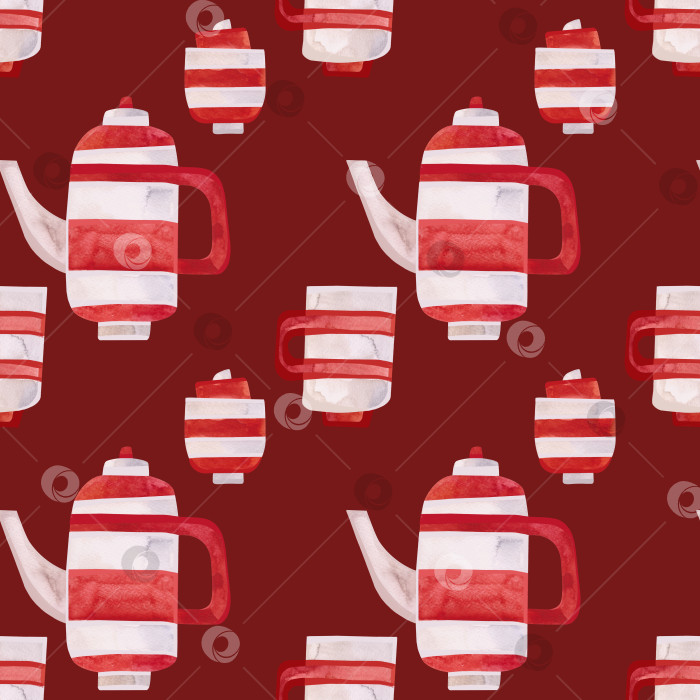 Скачать Акварельный бесшовный узор со старомодными чайниками и чашками в красную и белую полоску. Узор для сезонной оберточной бумаги, ткани, текстиля, скатертей и штор в чайном кафе или кофейной лавке. фотосток Ozero