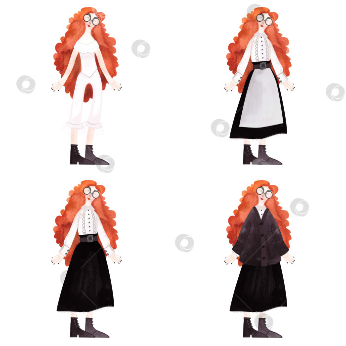 Скачать Набор рыжеволосой кудрявой девушки с длинными волосами в повседневной старомодной одежде. Изолированная иллюстрация, нарисованная акварелью от руки на белом фоне. Персонаж. фотосток Ozero