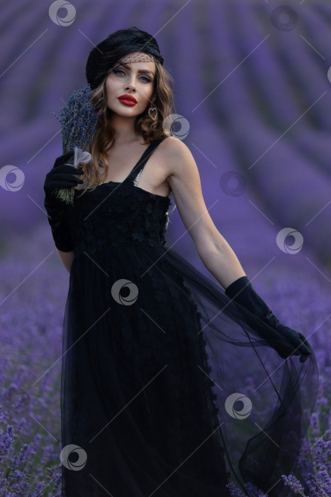 Скачать Красивая девушка одета в модное платье на лавандовом поле фотосток Ozero