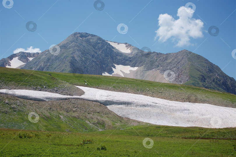 Скачать Летний горный пейзаж с местами залегания еще не растаявшего снега. фотосток Ozero