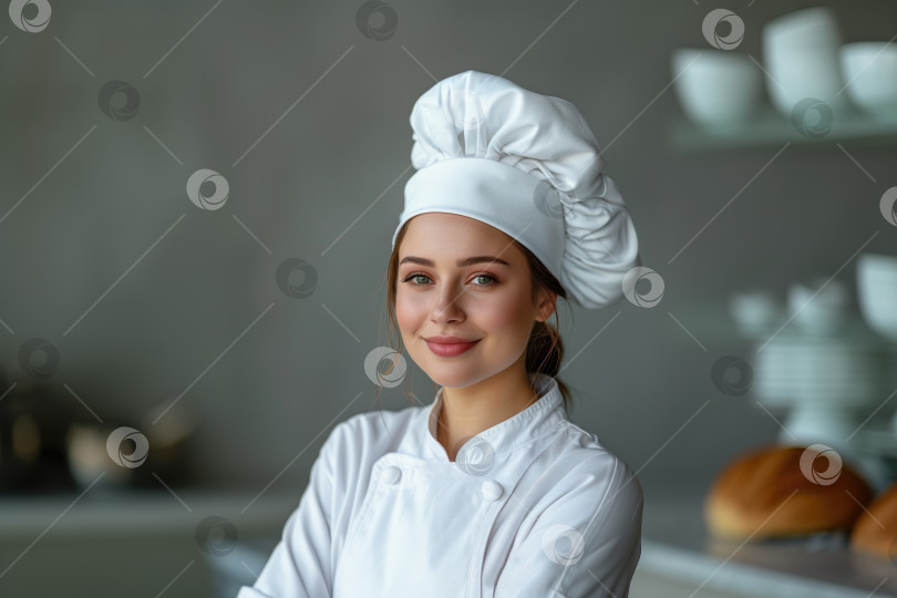 Скачать Портрет молодой женщины-шеф-повара в униформе и шляпе на фоне кухни фотосток Ozero
