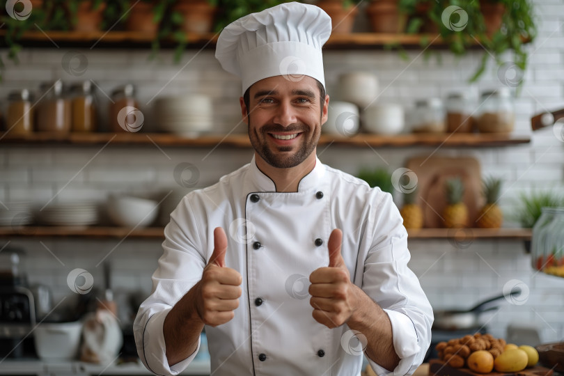 Скачать Портрет улыбающегося мужчины-шеф-повара, показывающего большие пальцы вверх на кухне фотосток Ozero