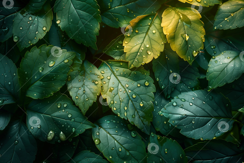 Скачать Зеленые листья с каплями воды после дождя. Естественный фон. фотосток Ozero