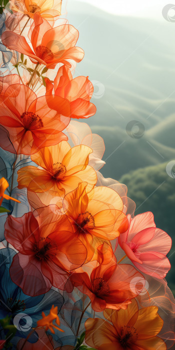 Скачать Красивые цветы на фоне гор. Абстрактный вертикальный цветочный фон. фотосток Ozero