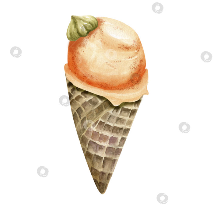 Скачать Акварельная иллюстрация мороженого. Нарисованный от руки сладкий лед в вафельном рожке, апельсиновое мороженое, летняя вкуснятина для продукта, этикетки, дизайна пляжной вечеринки. фотосток Ozero