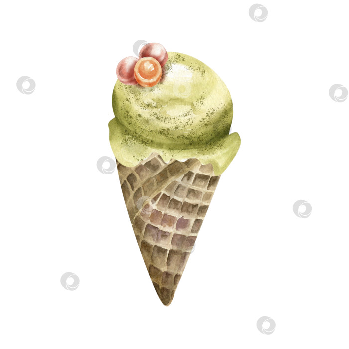 Скачать Акварельная иллюстрация мороженого. Нарисованный от руки сладкий лед в вафельном рожке со вкусом фисташек и персиковых конфет на нем, вкусное летнее тающее мороженое для продукта, дизайн упаковки. фотосток Ozero