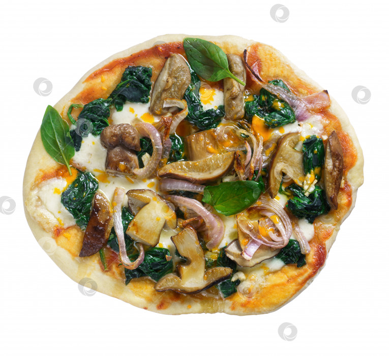 Скачать Пицца с грибами и шпинатом вид сверху изолированный фотосток Ozero