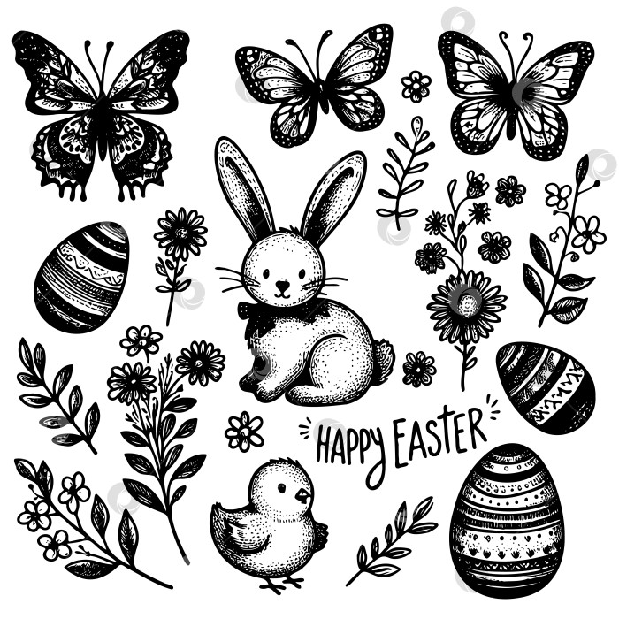 Скачать черно-белый рисунок кролика, бабочки фотосток Ozero