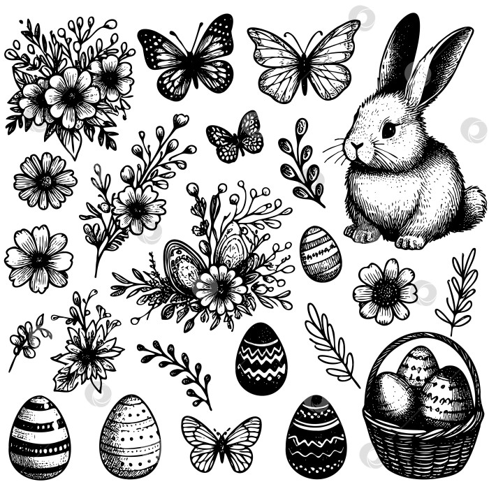 Скачать черно-белый рисунок кролика и цветов с корзинкой яиц фотосток Ozero