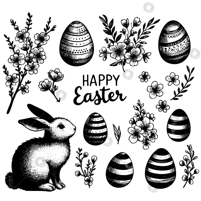 Скачать Черно-белый рисунок пасхальных яиц, цветов и кролика фотосток Ozero