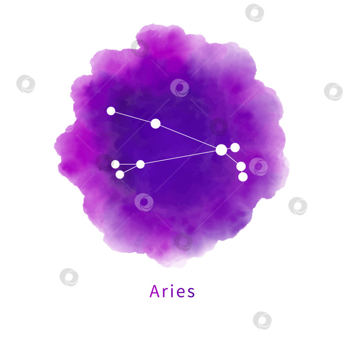 Скачать Созвездие Овна на ярко-фиолетовом акварельном пятне, выделенном на белом фоне. Знак зодиака, символ гороскопа на акварельной текстуре ручной работы. Векторная иллюстрация. фотосток Ozero