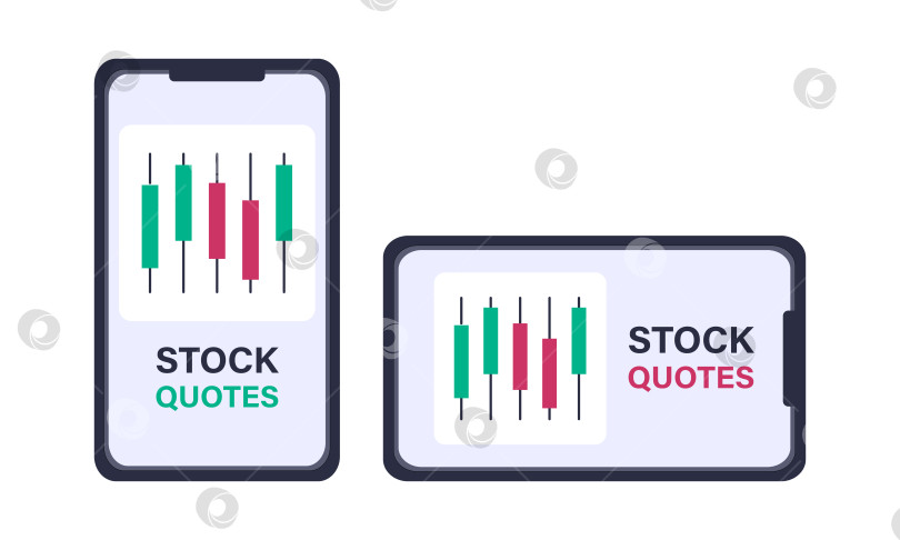 Скачать Биржевые котировки. Мобильное приложение на телефоне. Логотип финансового приложения на смартфоне. Горизонтальное и вертикальное положение устройства фотосток Ozero