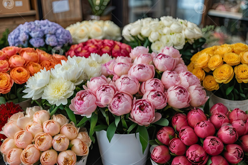 Скачать Разноцветные пионы в цветочном магазине - свежая поставка срезанных цветов для весенних праздников, цветочный магазин. Искусственный интеллект сгенерирован фотосток Ozero