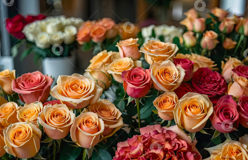 Скачать Разноцветные розы в цветочном магазине - свежая поставка срезанных цветов для весенних праздников, цветочный магазин. Искусственный интеллект сгенерирован фотосток Ozero